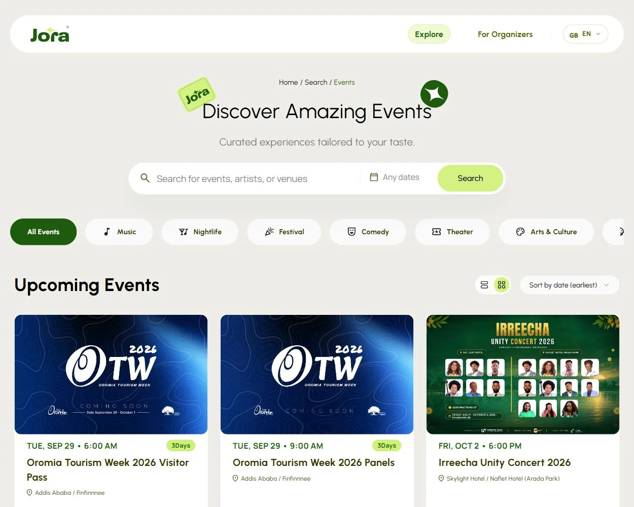 Jora Events website screenshot